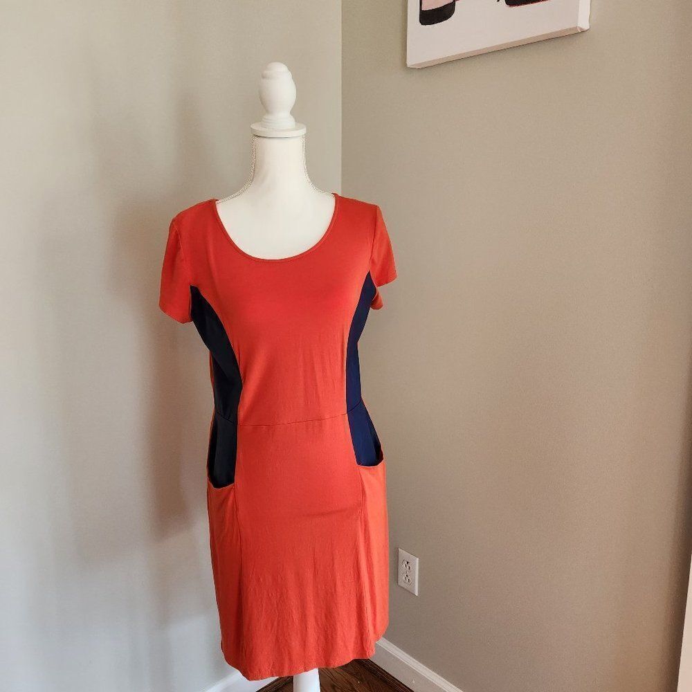 Cremieux Orange Dress with blue vegan leather torso